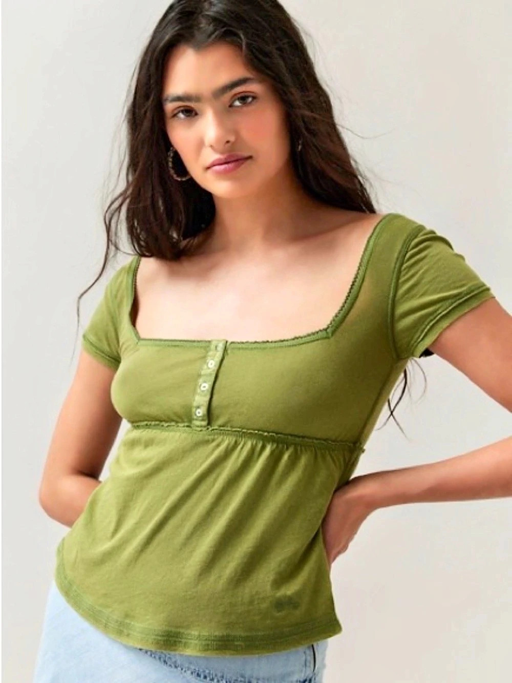NWOT Y2K 100% Cotton BDG Brittany Square Neck Henley Babydoll Tee Sz-Small
